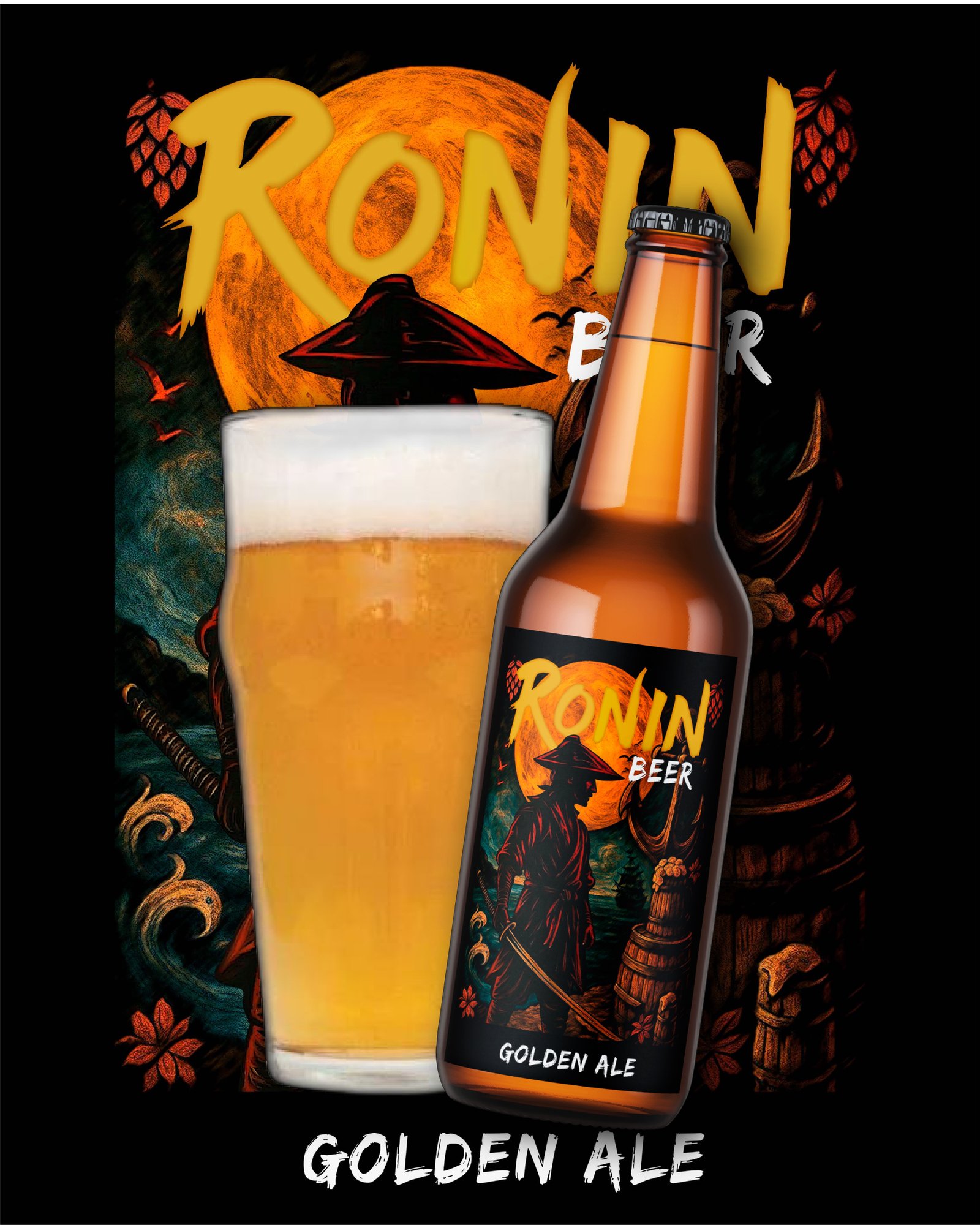 Cerveza Ronin Golden Ale botella y vaso